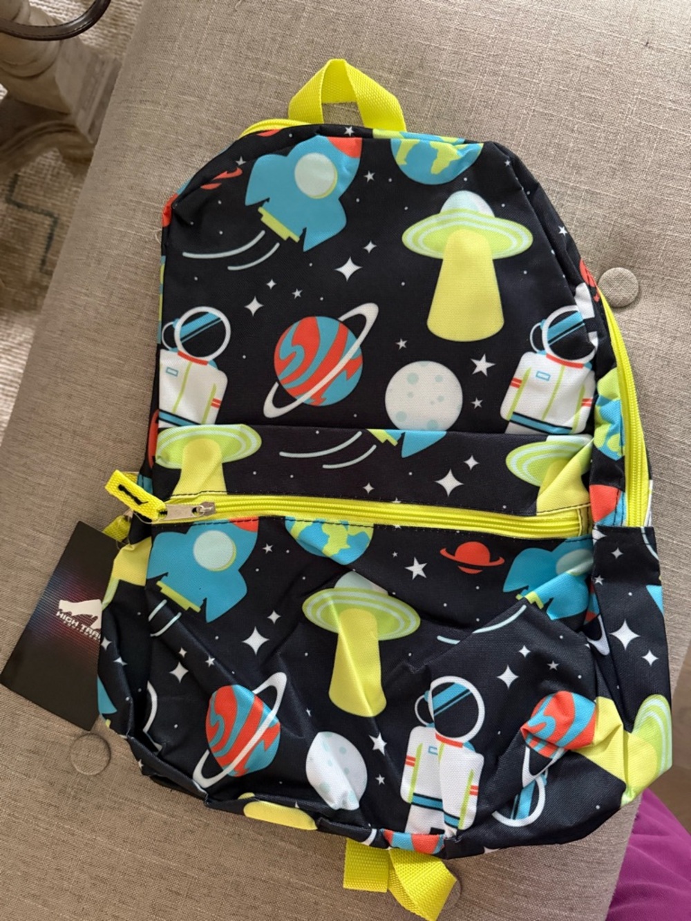 Kids Space Print Backpack in Black and Neon Yellow